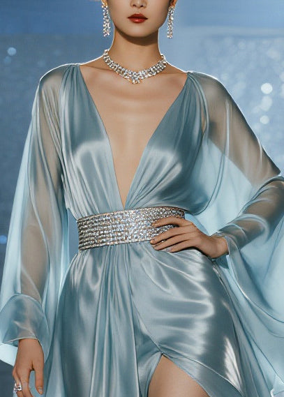 Chic Sky Blue Tunic Draping Tulle Sheer Dresses Summer