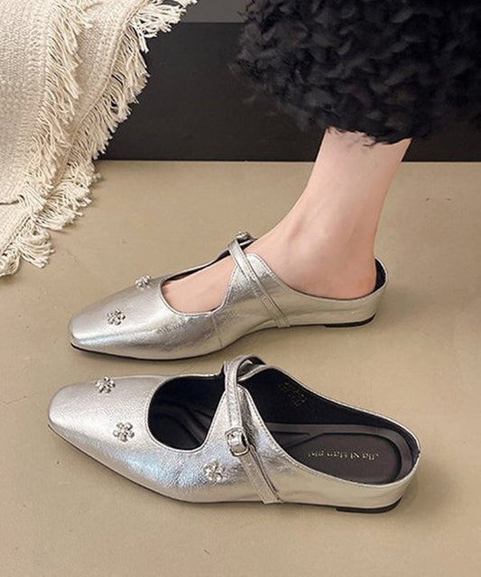 Chic Splicing Silver Faux Leather Slide Sandals Zircon