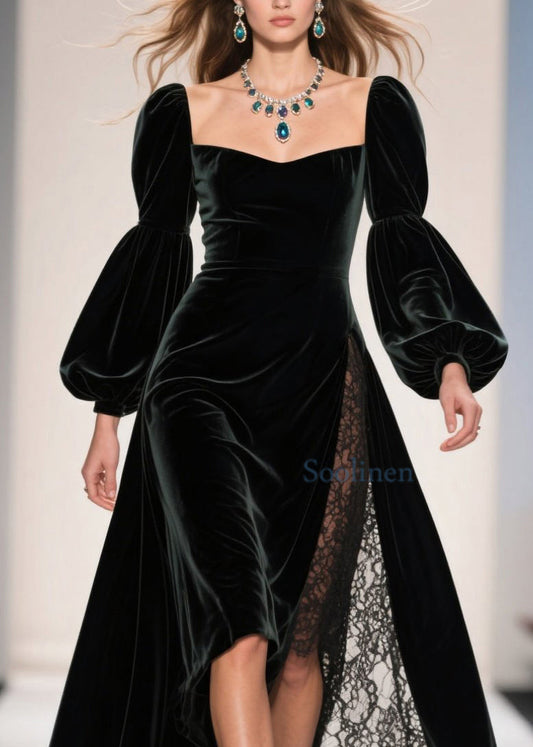Vestido elegante de terciopelo con cuello cuadrado y patchwork de encaje hasta el tobillo para primavera