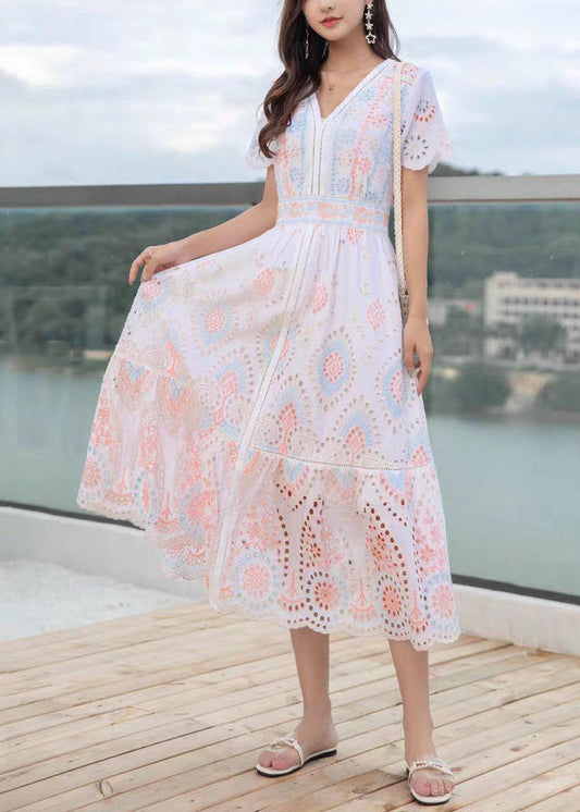 Chic V Neck Hollow Out Linen Long Dress Summer