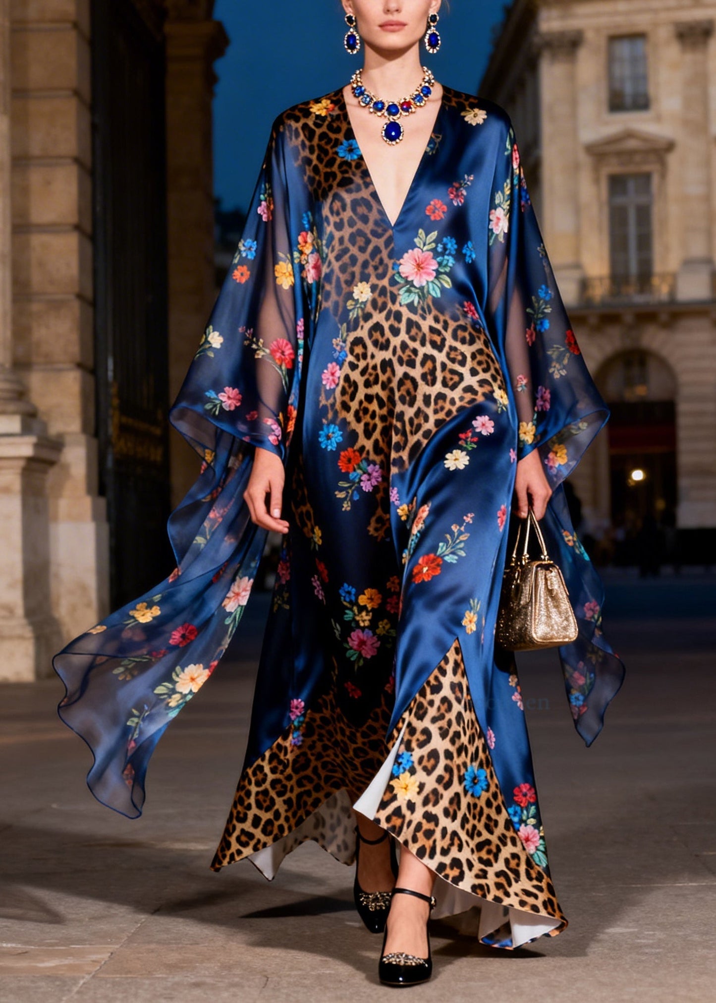 Chic V Neck Leopard Floral Print Patchwork Silk Robe Dresses Summer