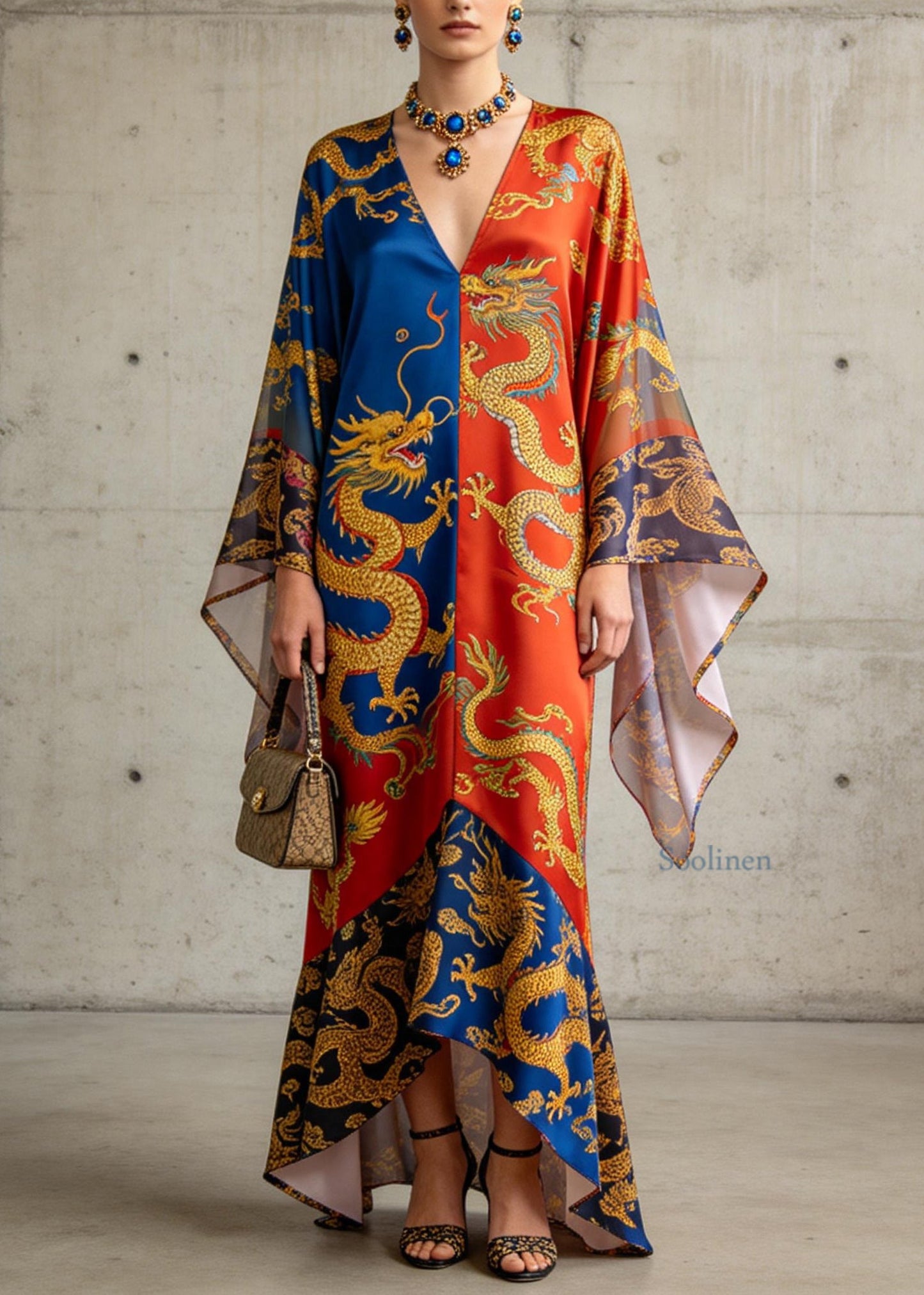 Chic V Neck Oriental Print Chiffon Summer Long Dress