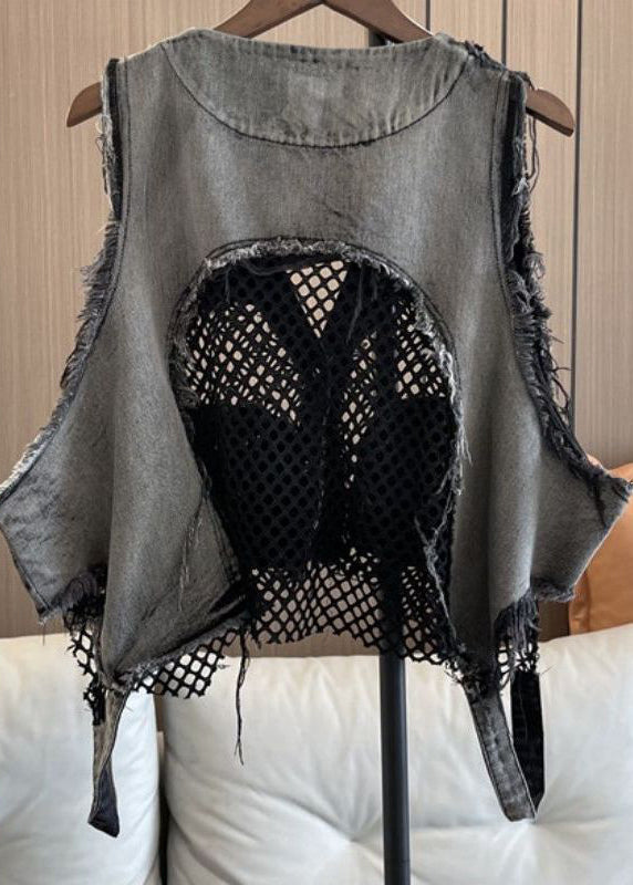 Chic V Neck Pockets Breathable Mesh Patchwork Denim Vest Sleeveless