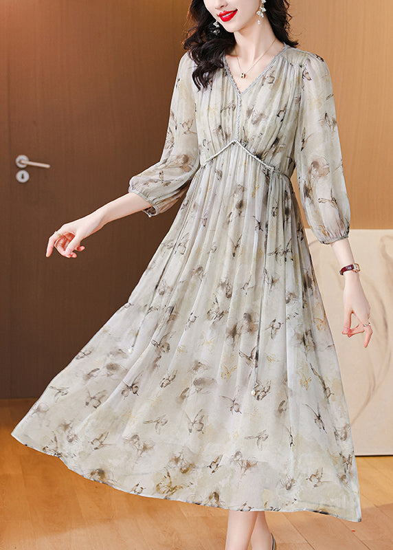 Schickes Chiffon-Langkleid mit V-Ausschnitt und Schnürung und Laternenärmeln
