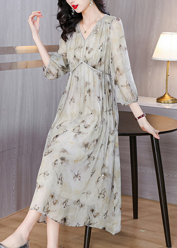 Schickes Chiffon-Langkleid mit V-Ausschnitt und Schnürung und Laternenärmeln