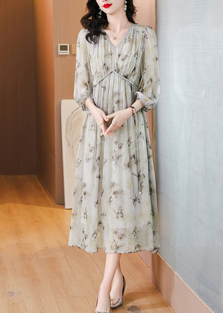 Schickes Chiffon-Langkleid mit V-Ausschnitt und Schnürung und Laternenärmeln