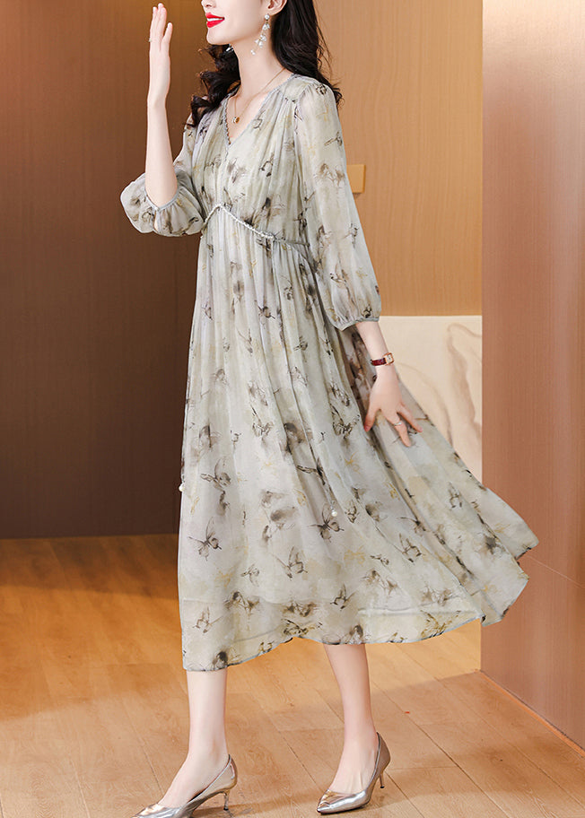 Schickes Chiffon-Langkleid mit V-Ausschnitt und Schnürung und Laternenärmeln