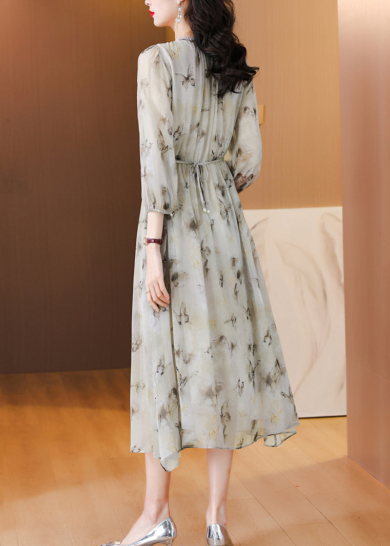 Schickes Chiffon-Langkleid mit V-Ausschnitt und Schnürung und Laternenärmeln