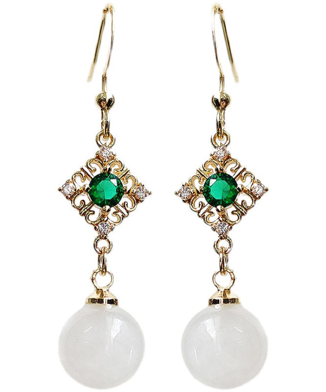 Elegantes aretes colgantes de jade y circonita con incrustaciones de oro blanco de 14 quilates