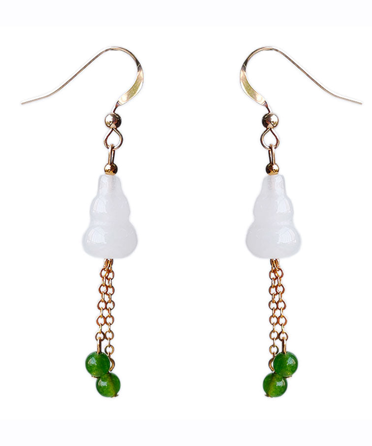 Elegantes aretes colgantes con borlas de piedra preciosa de calabaza de jade en oro blanco de 14 quilates