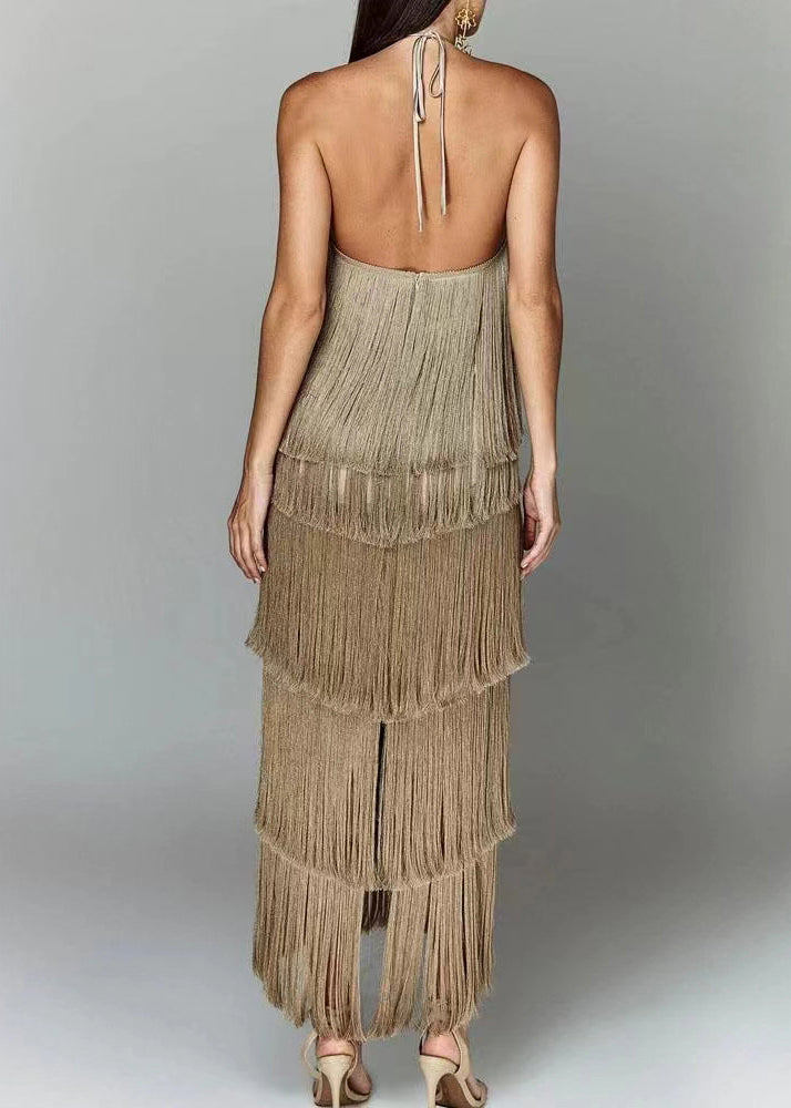 Chic White Backless Tasseled Halter Dress Summer