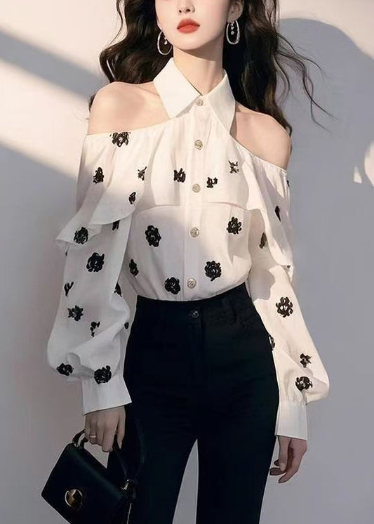 Chic White Cold Shoulder Print Chiffon Shirt Fall