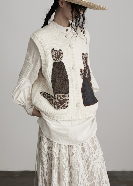 Chic White Embroideried Wool Knit Vests Spring
