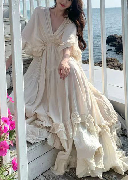 Chic White Exra Large Hem Cotton Dresses Cloak Sleeves