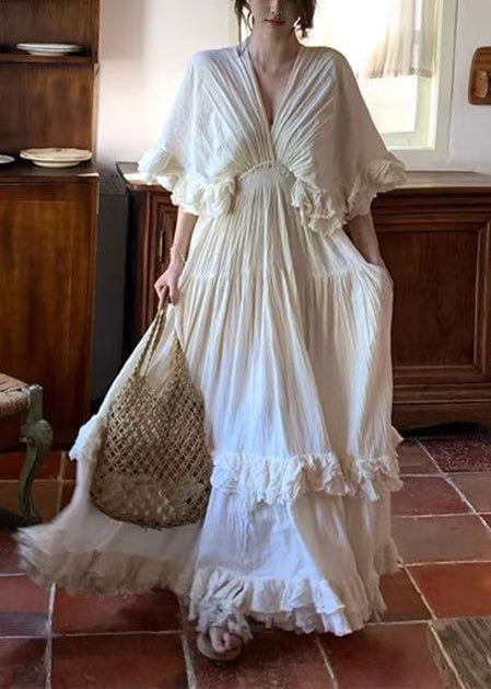 Chic White Exra Large Hem Cotton Dresses Cloak Sleeves