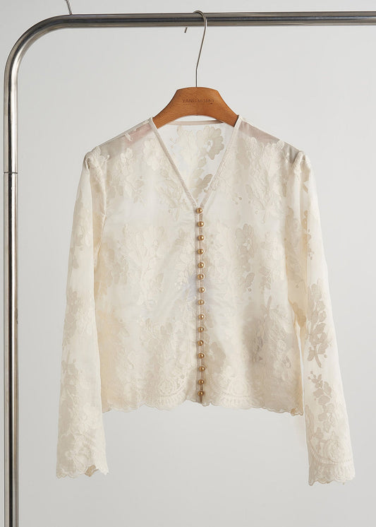 Tops elegantes de encaje con cuentas y uñas de jacquard blanco para primavera