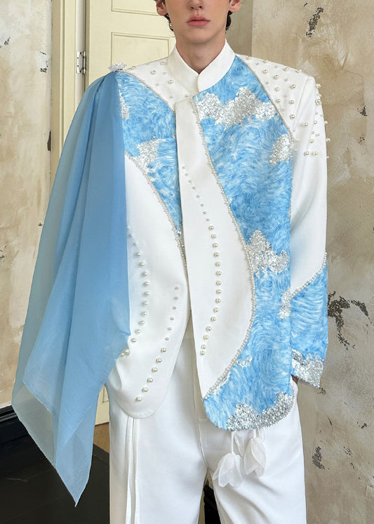 Abrigos elegantes de algodón con parches de lentejuelas y cuentas blancas para hombre, primavera