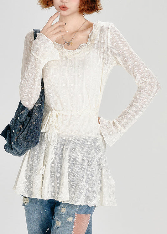 Chic White O Neck Lace Up Lace Top Spring