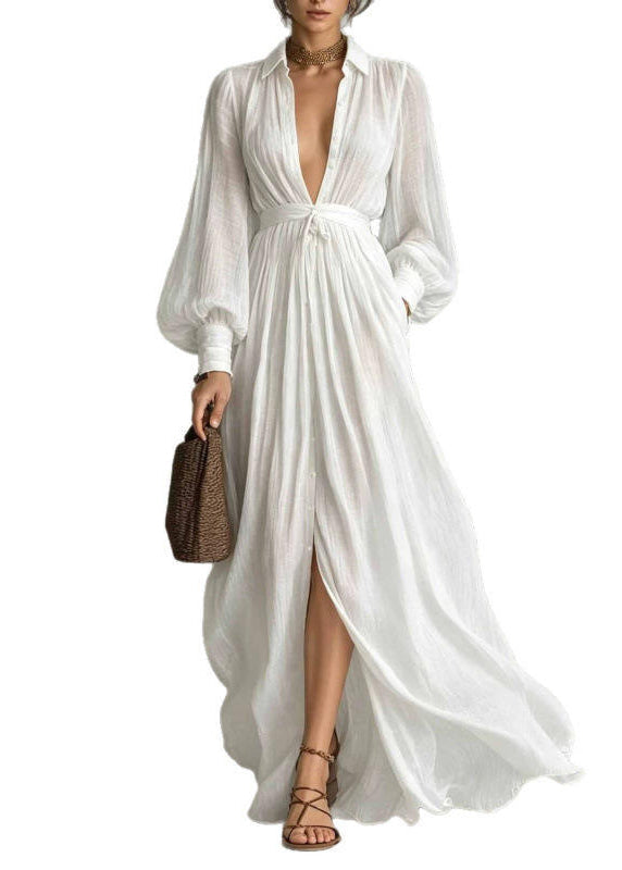Chic White Peter Pan Collar Tunic Maxi Shirts Dress Lantern Sleeve