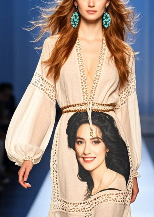 Chic White Print Patchwork Hollow Out Party Dress Summer