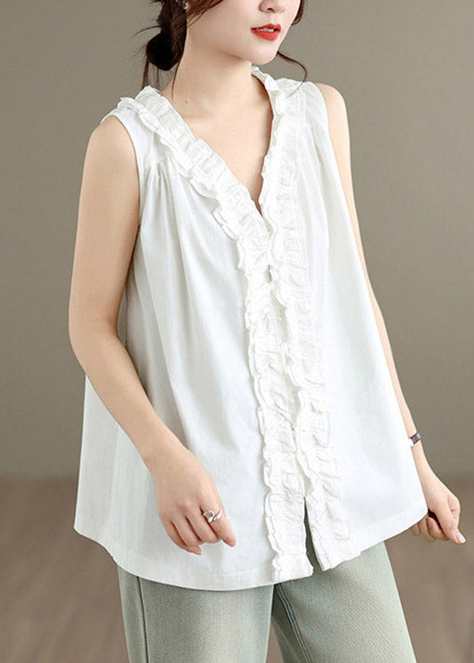 Chic White Ruffled Patchwork Solid Vest Sleeveless