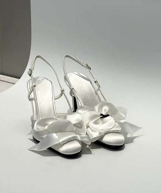Chic White Satin Bow High Heels Splicing Floral