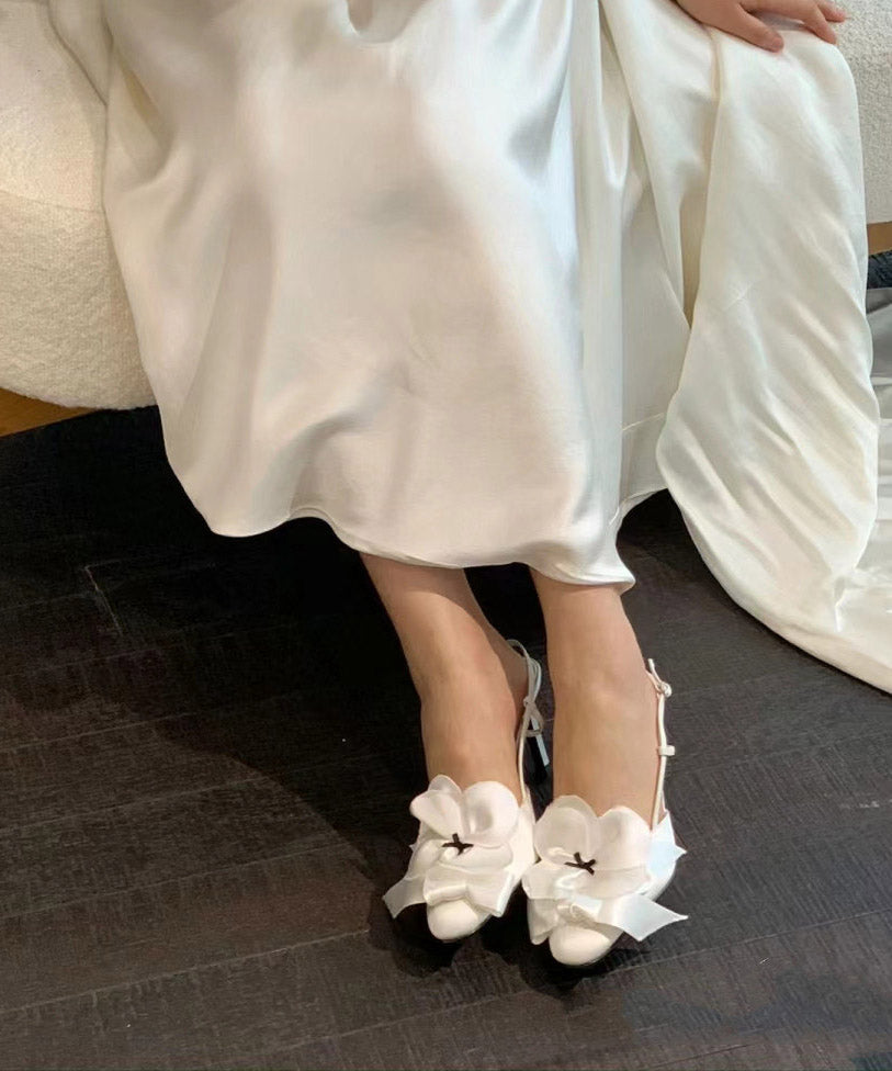 Chic White Satin Bow High Heels Splicing Floral