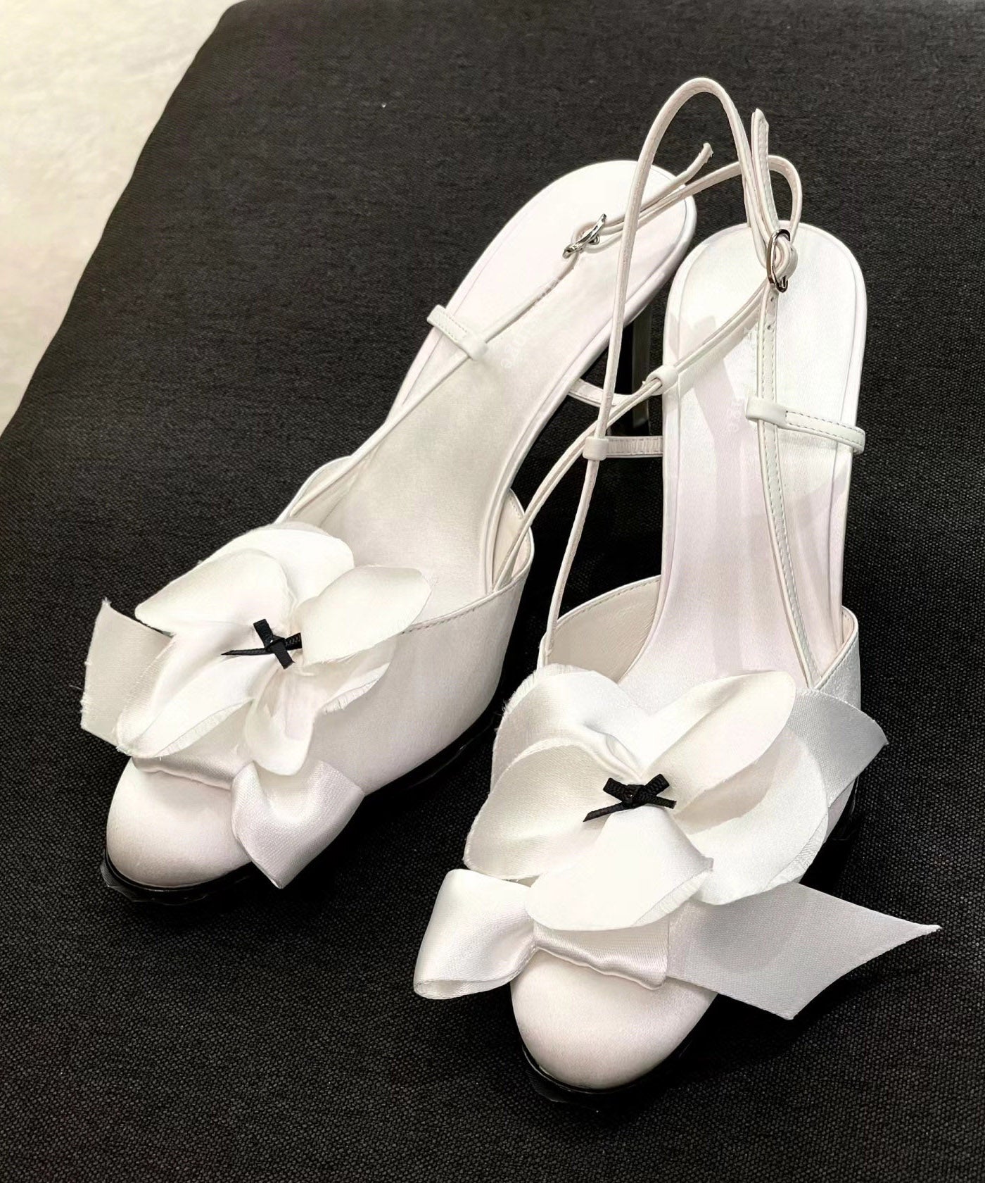 Chic White Satin Bow High Heels Splicing Floral