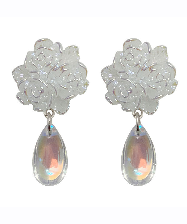 Elegantes pendientes de gota de agua con diseño floral de cristal de aleación de plata esterlina blanca