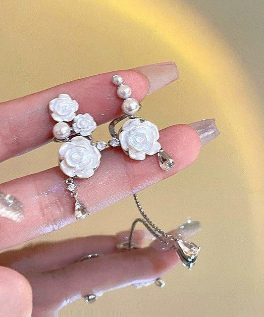 Chic White Sterling Silver Asymmetrical Rose Tassel Drop Earrings