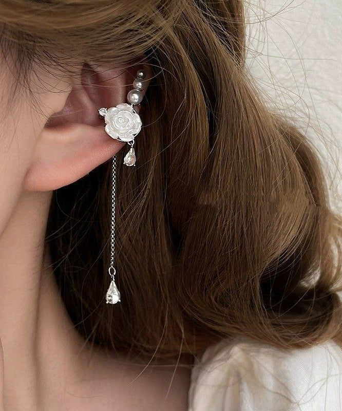 Chic White Sterling Silver Asymmetrical Rose Tassel Drop Earrings