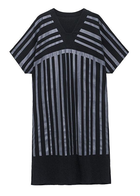 Chic White Striped Cotton Dress V Neck Summer Long Dresses - SooLinen