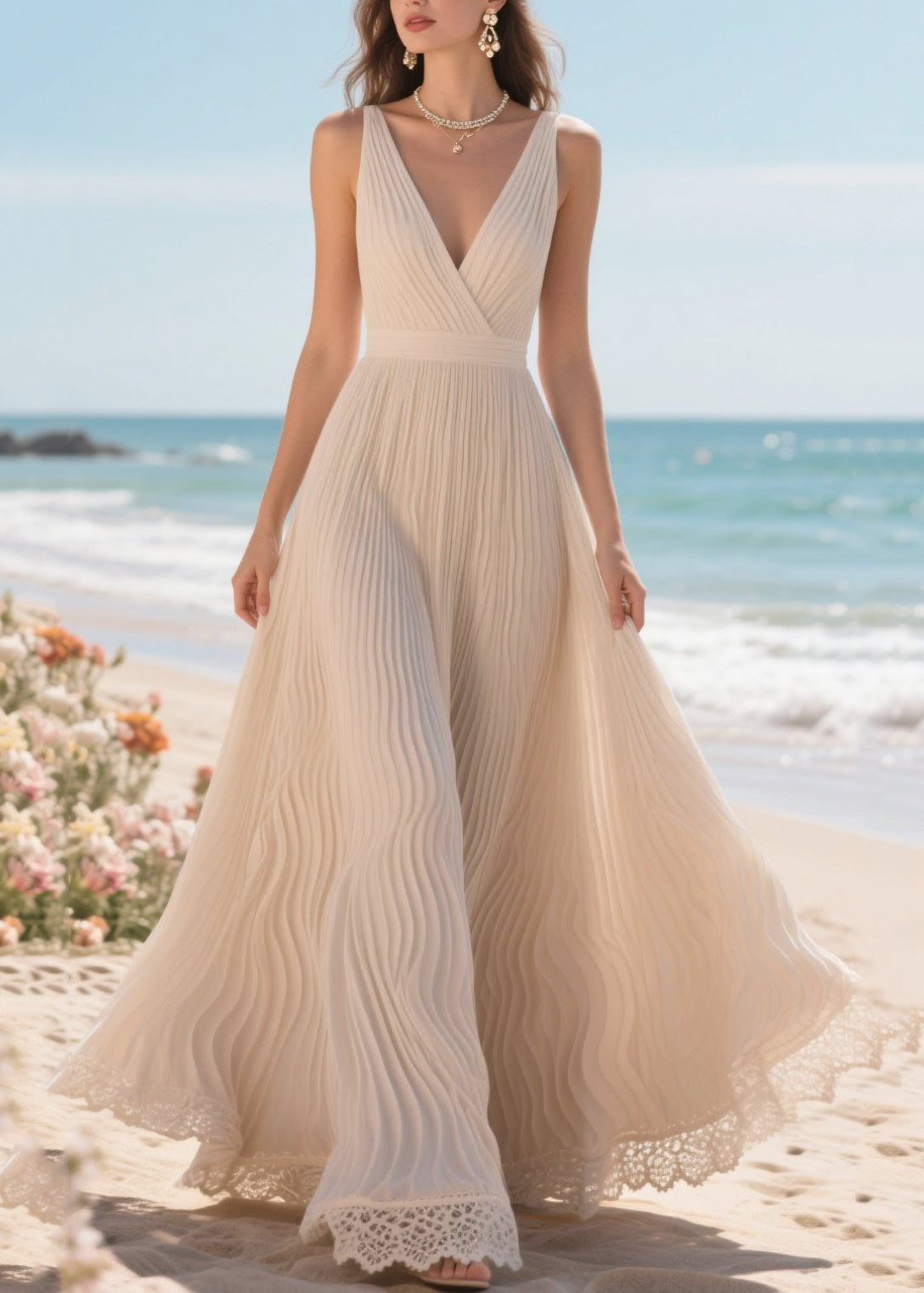 Chic White Wrinkled Exra Large Hem Chiffon Cami Dress Summer