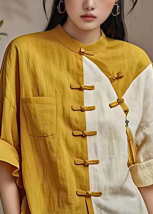 Schickes gelbes Patchwork-Baumwollhemd mit Knopftaschen und ausgestellten Ärmeln