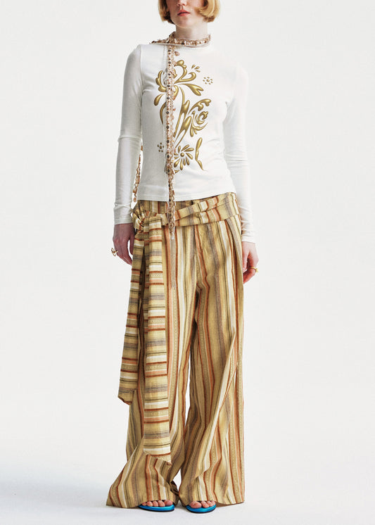 Chic Yellow Striped Cotton Wide Leg Pants Summer