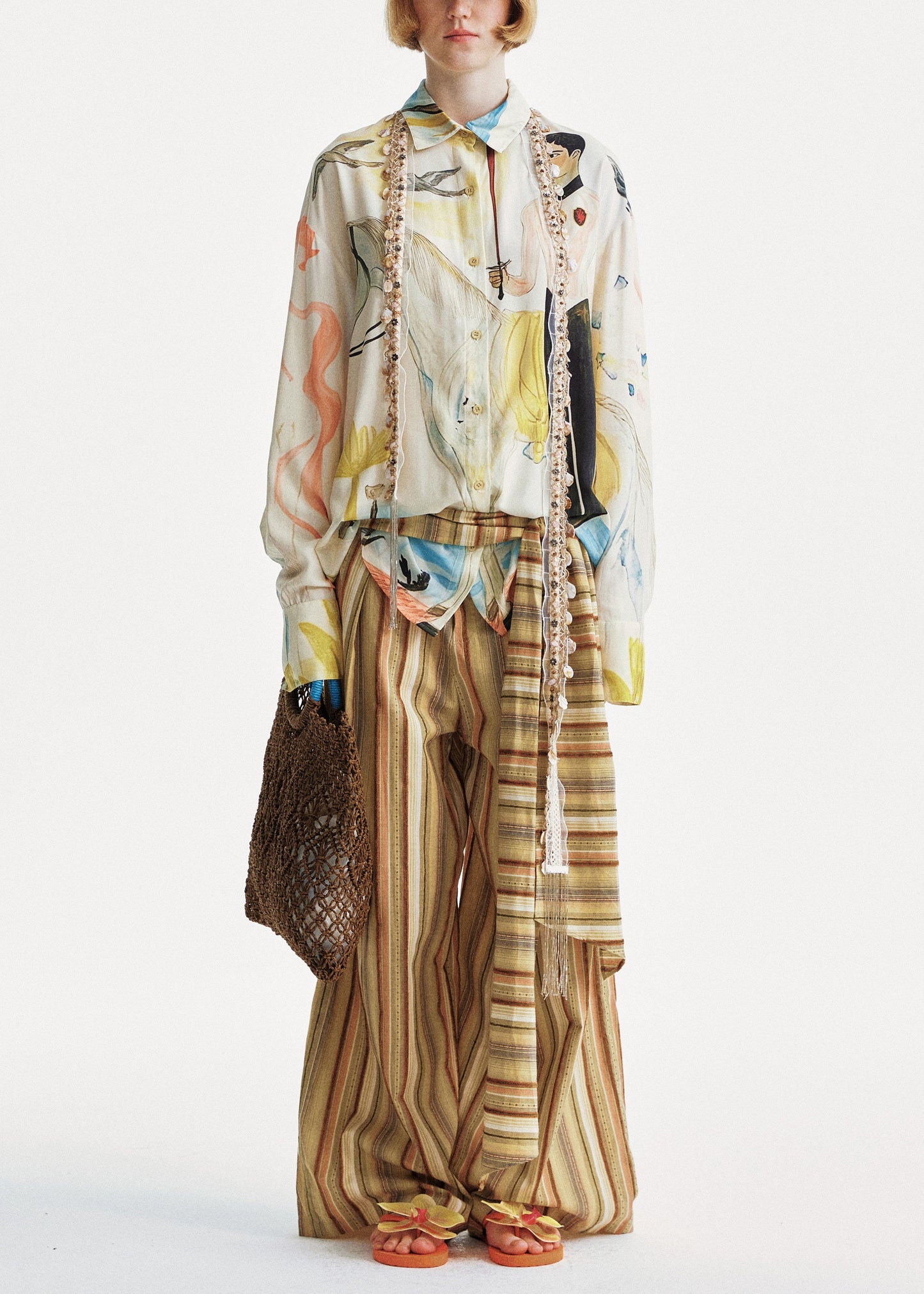 Chic Yellow Striped Cotton Wide Leg Pants Summer