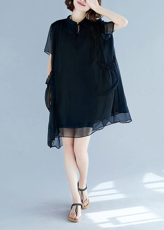 Chic black chiffon clothes For Women 18th Century Work stand collar pockets Robe Summer Dresses - SooLinen