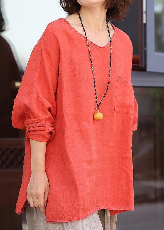 Chic blackish green linen clothes For Women side open Plus Size Clothing v neck blouse - SooLinen