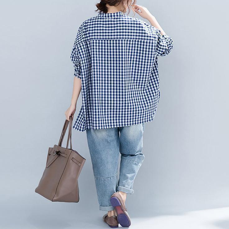 Schicke blau karierte Baumwollkleidung für Damen, lässiger Ausschnitt, Stehkragen, Kunsthemd