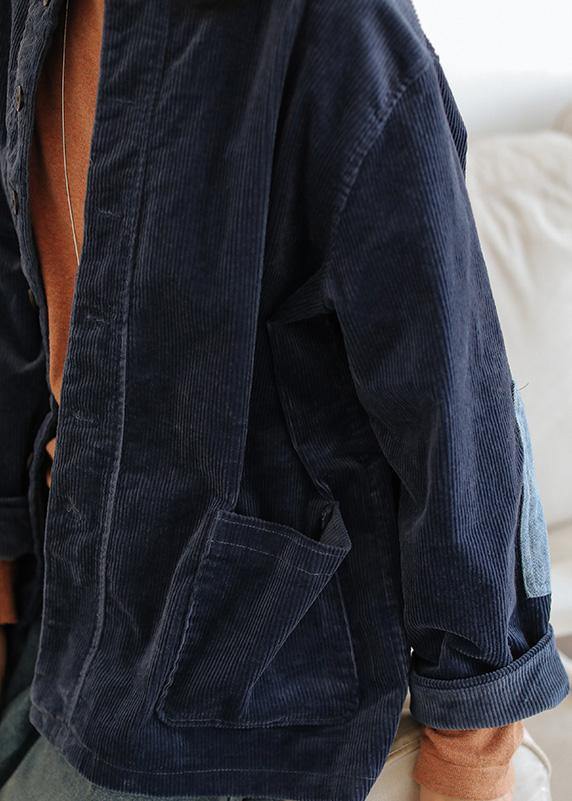 Chic dark blue cotton Blouse stand collar pockets tunic shirts - SooLinen