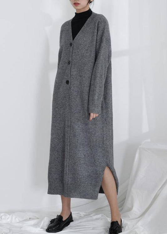 Chic gray Sweater weather Moda v neck Button Down tunic fall knit dresses - SooLinen