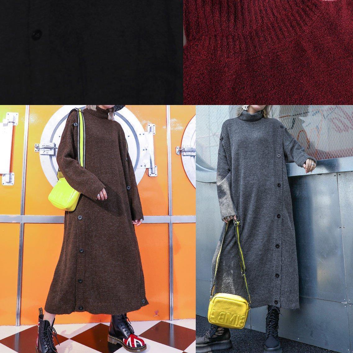 Chic high neck Sweater knit top pattern Vintage chocolate baggy knit dress fall - SooLinen