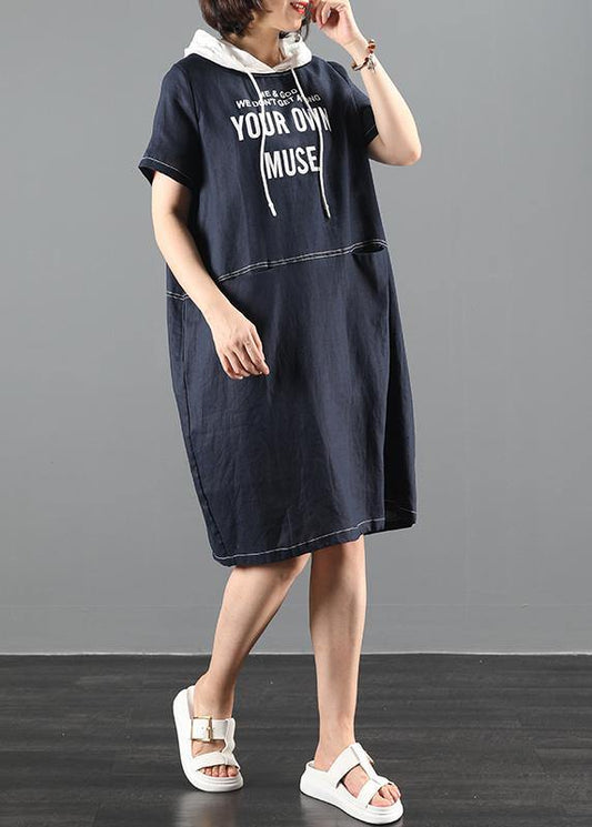 Chic hooded patchwork Tunics Sleeve navy Letter Dresses - SooLinen