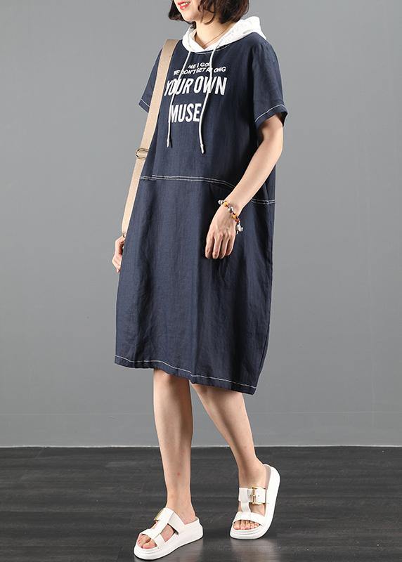 Chic hooded patchwork Tunics Sleeve navy Letter Dresses - SooLinen
