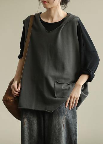 Chic hooded sleeveless tops women Work gray blouse - SooLinen