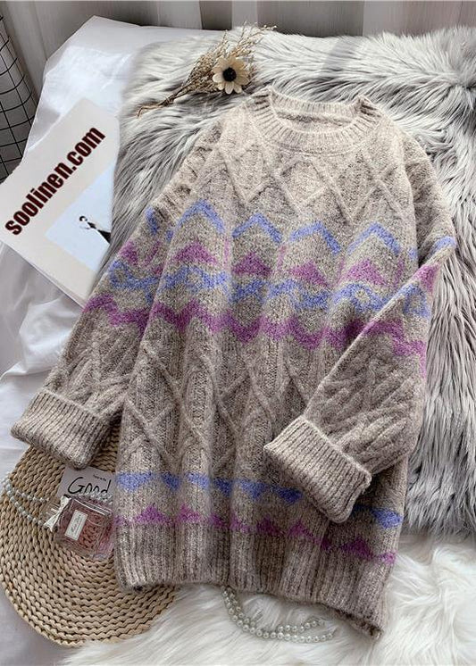 Chic khaki striped Sweater Wardrobes Design o neck baggy knitted dress - SooLinen