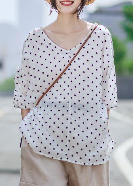 Chic linen Blouse Vintage Casual Linen Dot V-Neck Women Blouse - SooLinen