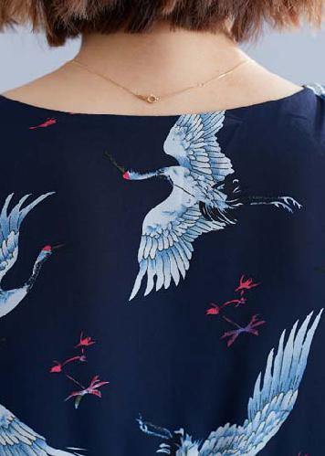 Chic navy print chiffon dresses Vintage Outfits v neck Ruffles Summer Dresses - SooLinen