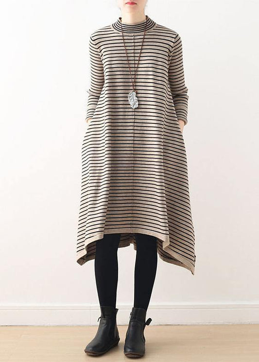 Chic nude striped Sweater outfits DIY high neck daily sweater dress - SooLinen