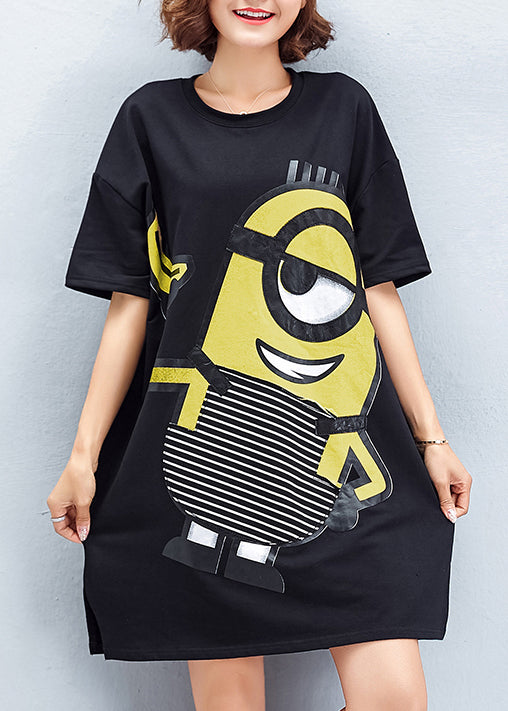 Schickes Rundhals-Tunika-Oberteil aus Baumwolle mit Stitches Inspiration, schwarzer Druck, Kunstkleider, Sommer